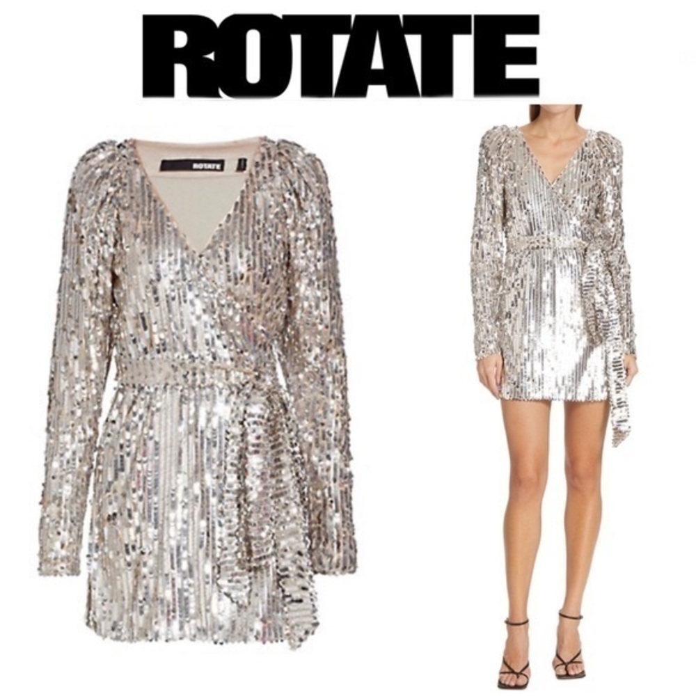 ROTATE Birger Christensen Sliver Sequin Wrap Minidress US 10 NWT 420$